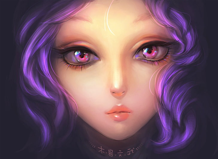purple-haired female anime illustration, girl, art, purple hair, eyes, painting, HD wallpaper
