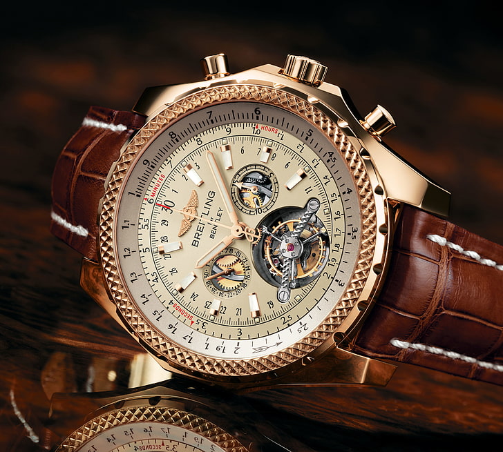 круглые золотые часы Bretling с хронографом и коричневым ремешком, часы, Mulliner Tourbillon, BREITLING, HD обои