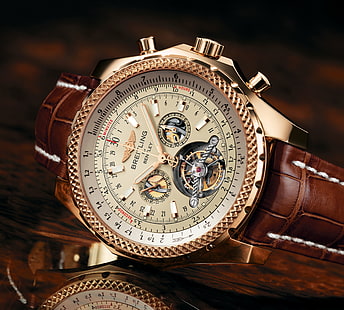 round gold-colored Bretling chronograph watch with brown strap, Watch, Mulliner Tourbillon, BREITLING, HD wallpaper HD wallpaper