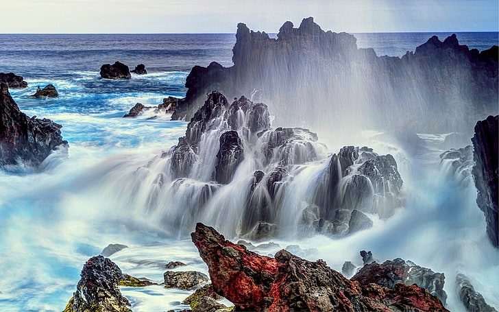 paysage, nature, mer, rocher, côte, horizon, cascade, île de Pâques, Chili, Fond d'écran HD