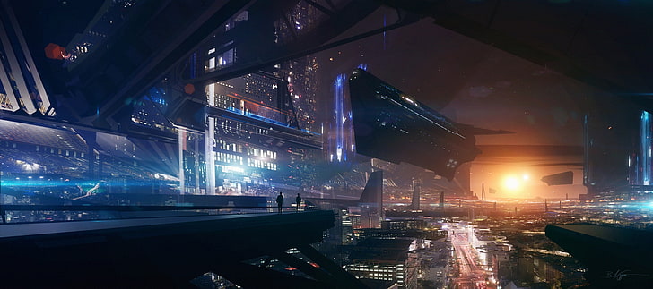 spaceship, city, science fiction, people, space, lights, future area, road, HD wallpaper