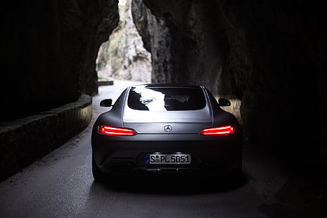 szary Mercedes-Benz AMG GT coupe, światła, ciemność, Mercedes, widok z tyłu, AMG, GT-S, Tapety HD HD wallpaper