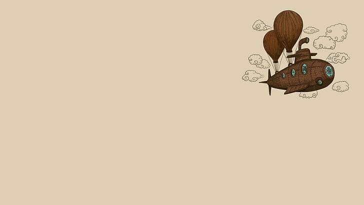 balloons, boat, clouds, minimalistic, Octopuses, Reality, Reversed, Steampunk, u, HD wallpaper