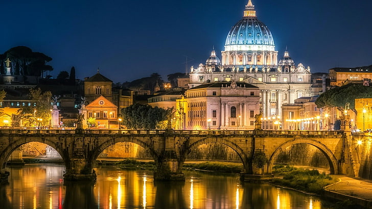 akşam, tiber nehri, avrupa, İtalya, roma, turistik, alacakaranlık, katedrali, bizans mimarisi, köprü, metropol, antik roma, işaret, gökyüzü, yansıma, gece, bazilika, HD masaüstü duvar kağıdı