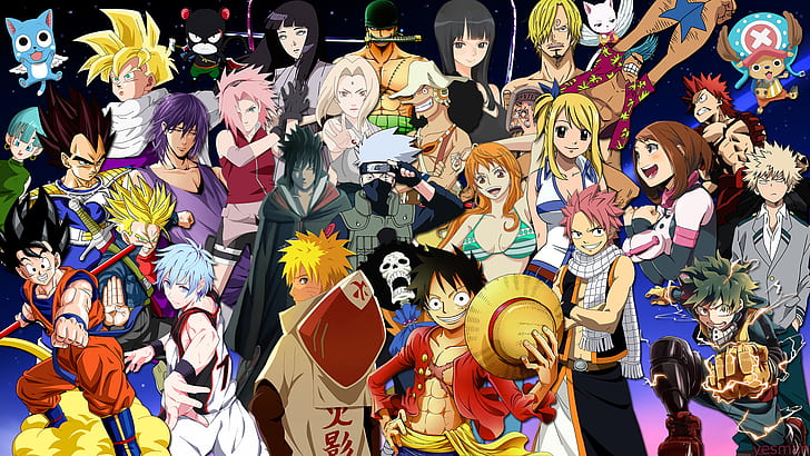อะนิเมะ, ครอสโอเวอร์, Atsushi Murasakibara, Brook (One Piece), Bulma (Dragon Ball), Charles (Fairy Tail), Dragon Ball Z, Eijiro Kirishima, Fairy Tail, Gohan (Dragon Ball), Goku, Happy (Fairy Tail), Hinata Hyūga, Izuku Midoriya, Kakashi Hatake, Katsuki Bakugou, บาสเกตบอลของ Kuroko, Lucy Heartfilia, Monkey D. Luffy, My Hero Academia, Nami (One Piece), Naruto, Naruto Uzumaki, Natsu Dragneel, Nico Robin, Ochaco Uraraka, One Piece, Panther Lily (Fairy Tail), Sakura Haruno, Sanji (One Piece), Sasuke Uchiha, Tetsuya Kuroko, Tony Tony Chopper, Trunks (Dragon Ball), Usopp (One Piece), Vegito (Dragon Ball), Zoro Roronoa, วอลล์เปเปอร์ HD