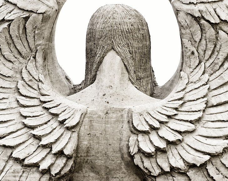 Angel's Wings, winged gray concrete statue, Artistic, Sculpture, Beach, Angel, Wings, Sand, Feathers, Massachusetts, unitedstates, crescentbeach, desaturate, revere, reverebeach, suffolk, HD wallpaper