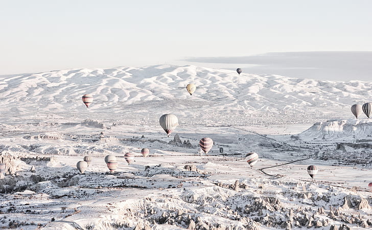 Hot Air Balloon Ride Over Cappadocia Winter, Europe, Turkey, Travel, Landscape, Flight, Parade, Adventure, visit, hotairballoons, cappadocia, HD wallpaper