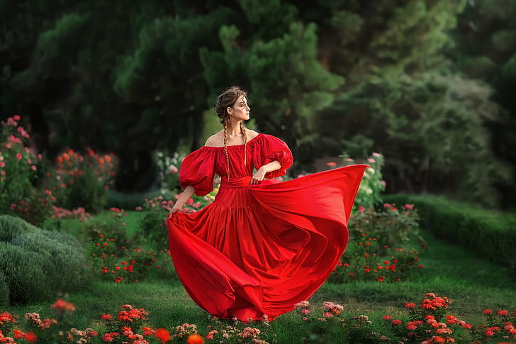 dziewczyna, kwiaty, poza, nastrój, ogród, czerwona sukienka, Anastasia Barmina, Tapety HD