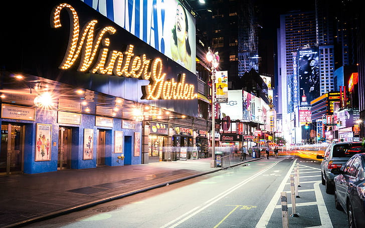 Broadway, New York, winter garden black yellow light bulb sign, world, 1920x1200, new york city, new york, broadway, HD wallpaper