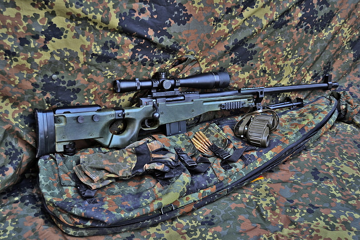 black AWM sniper rifle, weapons, binoculars, rifle, sniper, L96A1, HD wallpaper