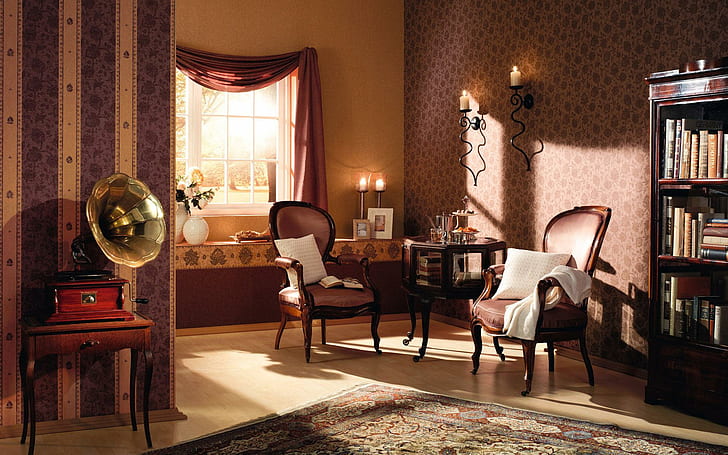 Vintage Elegance, room, lamps, books, carpet, elegant, rugs, flowers, biscuits, bookcase, table, curtains, cushio, HD wallpaper