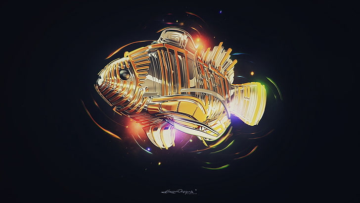 digitale Tapete des gelben Fisches, digitale Kunst, einfacher Hintergrund, Fisch, bunter, blauer Hintergrund, Lacza, Gold, Orange, HD-Hintergrundbild