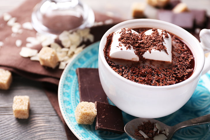 chocolate coffee, chocolate, hot, cup, cocoa, marshmallows, marshmallow, HD wallpaper