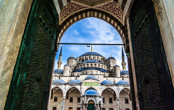 the sky, gate, arch, temple, Istanbul, Turkey, Palace, dome, The blue mosque, Sultanahmet, HD wallpaper