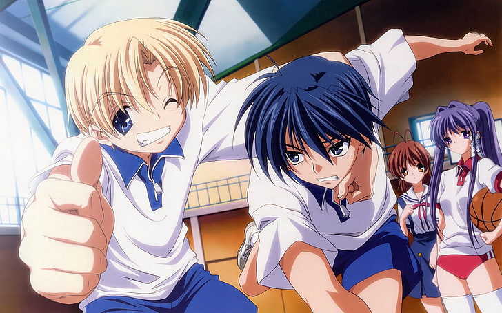 ilustracja postaci z anime, chłopcy, dziewczyny, szkoła, zderzenie, gest, Tapety HD