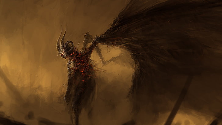 ilustración del diablo, demonios, demonio, arte de fantasía, alas, cuernos, fantasía oscura, Fondo de pantalla HD