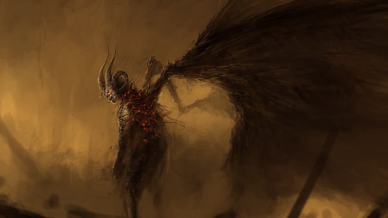 ilustracja diabła, diabły, demon, sztuka fantasy, skrzydła, rogi, mroczna fantazja, Tapety HD HD wallpaper