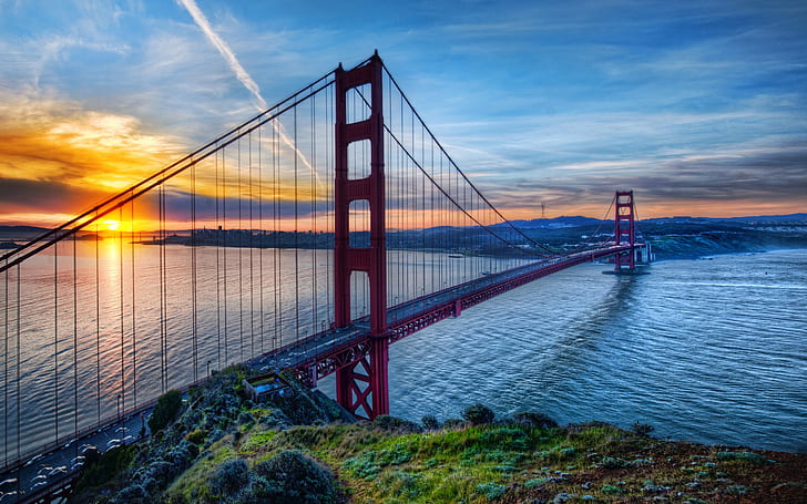 Most Golden Gate, San Francisco, Kalifornia, USA, zachód słońca, Golden, Gate, Bridge, San, Francisco, Kalifornia, USA, zachód słońca, Tapety HD
