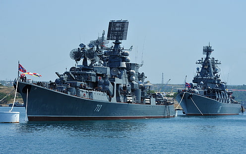two blue sail boats, ship, ships, large, Moscow, Navy, Russia, cruiser, rocket, anti-submarine, Kerch, guards, HD wallpaper HD wallpaper