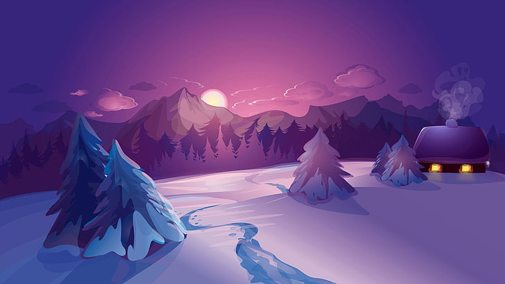 lapangan tertutup salju dengan bulan dan pegunungan yang berada di latar belakang lukisan, alam, lanskap, seni digital, gunung, awan, musim dingin, rumah, salju, matahari terbenam, hutan, tenang, Wallpaper HD