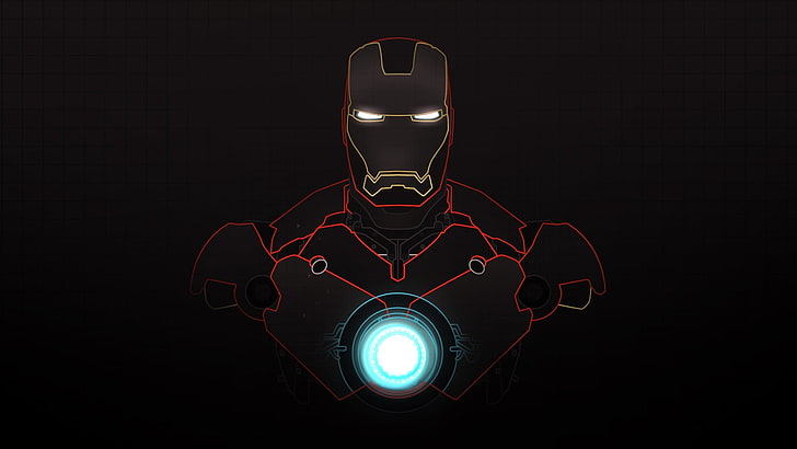 Marvel Iron-Man dijital duvar kağıdı, Iron Man, koyu arka plan, süper kahraman, ızgara, parlayan, mavi, kırmızı, siyah arka plan, basit, HD masaüstü duvar kağıdı