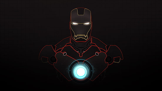 Marvel Iron-Man digital tapet, Iron Man, mörk bakgrund, superhjälte, rutnät, glödande, cyan, röd, svart bakgrund, enkel, HD tapet HD wallpaper
