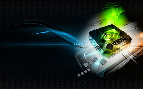 black Nvidia computer processor, nvidia, green, blue, white, chip, HD wallpaper HD wallpaper