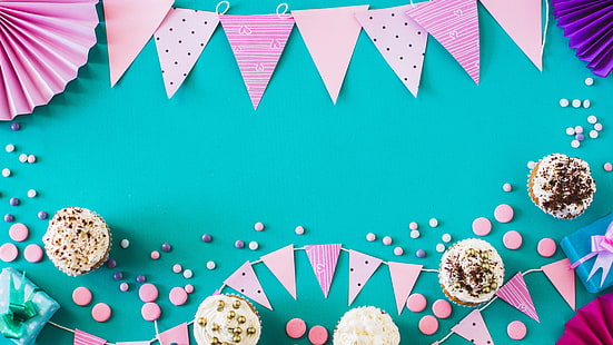 regali, bandiere, dessert, arredamento, cupcakes, compleanno, Sfondo HD HD wallpaper