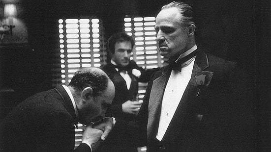 The Godfather Marlon Brando BW Mob Mafia HD, gråskalefoto av 3 män i smoking, filmer, bw, the, godfather, mafia, brando, marlon, mob, HD tapet HD wallpaper