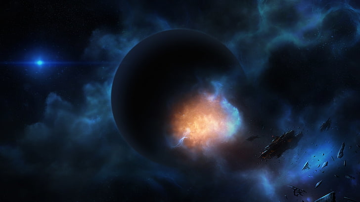 the wreckage, space, the explosion, nebula, ship, planet, art, HD wallpaper