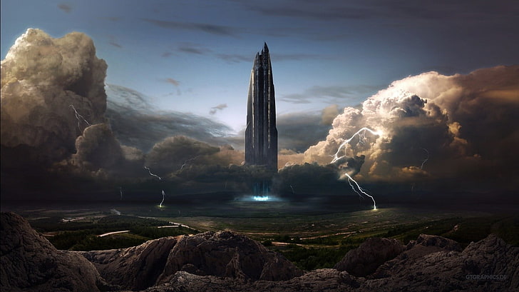 бетонна кула, научна фантастика, извънземни, HD тапет