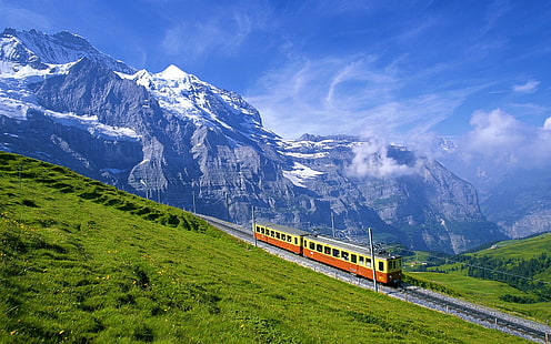 gult och orange tåg, spårvagn, järnväg, alperna, berg, höjd, himmel, HD tapet HD wallpaper