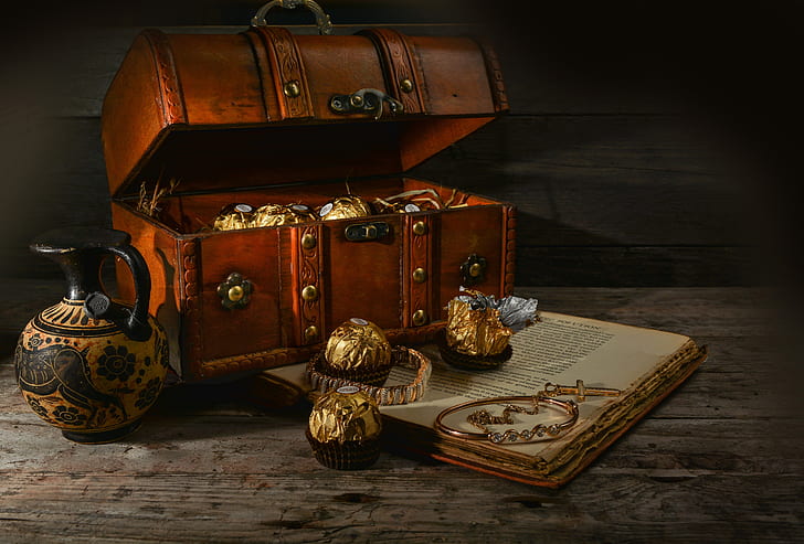balls, decoration, style, retro, the dark background, gold, Board, food, candy, book, pitcher, treasure, chest, gold plated, still life, bracelets, jewelry, cross, old, foil, wealth, chocolate, wrapper, HD wallpaper