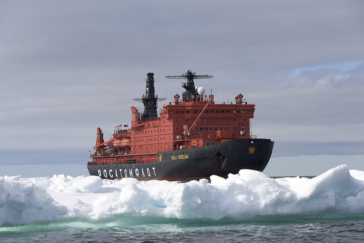 maroon and black ship, the sky, snow, landscape, Icebreaker, ice, HD wallpaper