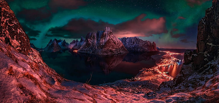 Lofoty, Norwegia, zima, chmury, porty, gwiaździsta noc, światła, wyspa, góry, zaśnieżony szczyt, fiord, zimno, natura, krajobraz, Tapety HD