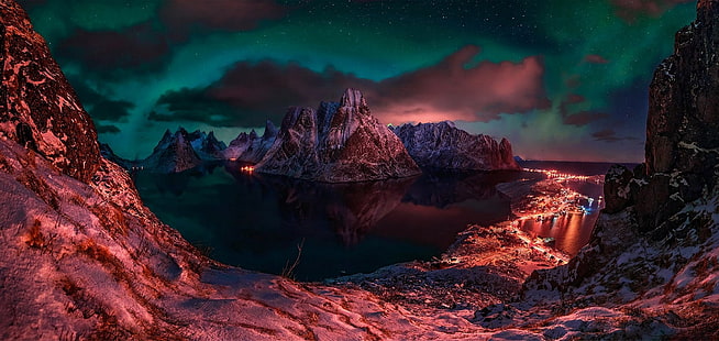 Lofoty, Norwegia, zima, chmury, porty, gwiaździsta noc, światła, wyspa, góry, zaśnieżony szczyt, fiord, zimno, natura, krajobraz, Tapety HD HD wallpaper