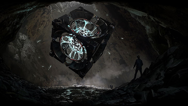 Mann stehend auf grauen Felsen digitale Tapete, Fantasy-Kunst, Höhle, Plasma, X-COM, digitale Kunst, Würfel, HD-Hintergrundbild