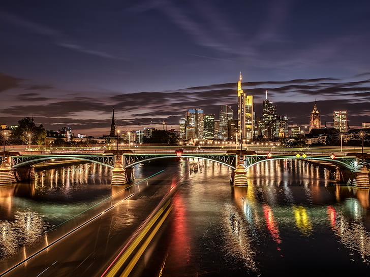 Frankfurt, Tyskland, flod, belysning, bro, skyskrapor, natt, Frankfurt, Tyskland, flod, belysning, bro, skyskrapor, natt, HD tapet