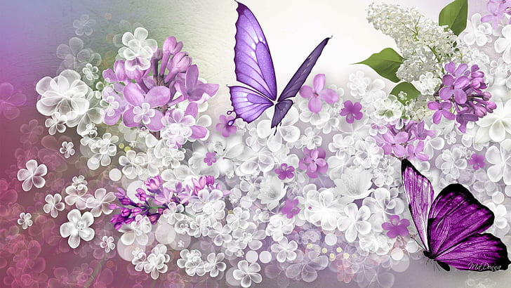 Predicción lila, mariposas púrpuras sobre papel tapiz de flores blancas y púrpuras, flores blancas, primavera, dispersión, lilas, púrpura, verano, mariposas, lavanda, 3d y abstracto, Fondo de pantalla HD