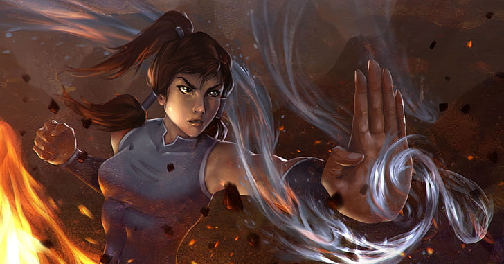 woman in kung-fu fighting stands wallpaper, water, fire, earth, element, magic, art, the air, avatar, Korra, Times, The Legend of Korra, Avatar: the Legend of Korr., HD wallpaper