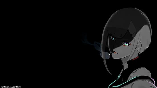anime girls, selektiv färgläggning, svart bakgrund, mörk bakgrund, enkel bakgrund, Lucy (Edgerunners), Cyberpunk: Edgerunners, HD tapet HD wallpaper