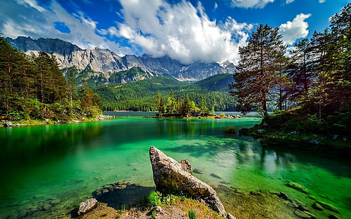 Eibsee lake in Bavaria Ggermany Lake with turquoise green water rock island rocky mountains pine forest sky with white clouds summer hd wallpaper 3840×2400, HD wallpaper HD wallpaper