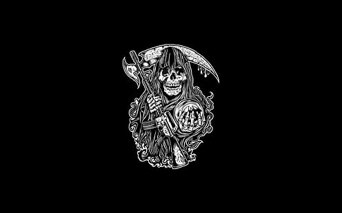 illustration de squelette, mort, Grim Reaper, Sons Of Anarchy, crâne, minimalisme, artwork, monochrome, Fond d'écran HD HD wallpaper