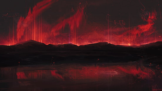 montañas, arte, oscuro, rojo, manchas, Fondo de pantalla HD HD wallpaper