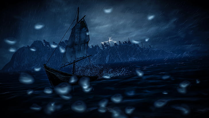 嵐、暗闇、荒海、空、夜、帆船、幽霊船、雨滴、真夜中、雨、雨が降って、荒天、雷、夕暮れ、 HDデスクトップの壁紙