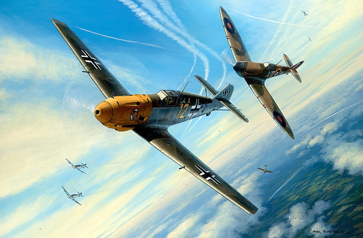 figura, Messerschmitt, Batalha da Grã-Bretanha, RAF, Força aérea, A segunda guerra mundial, Supermarine, Dogfight, Spitfire Mk.I, Bf.109E-4, HD papel de parede