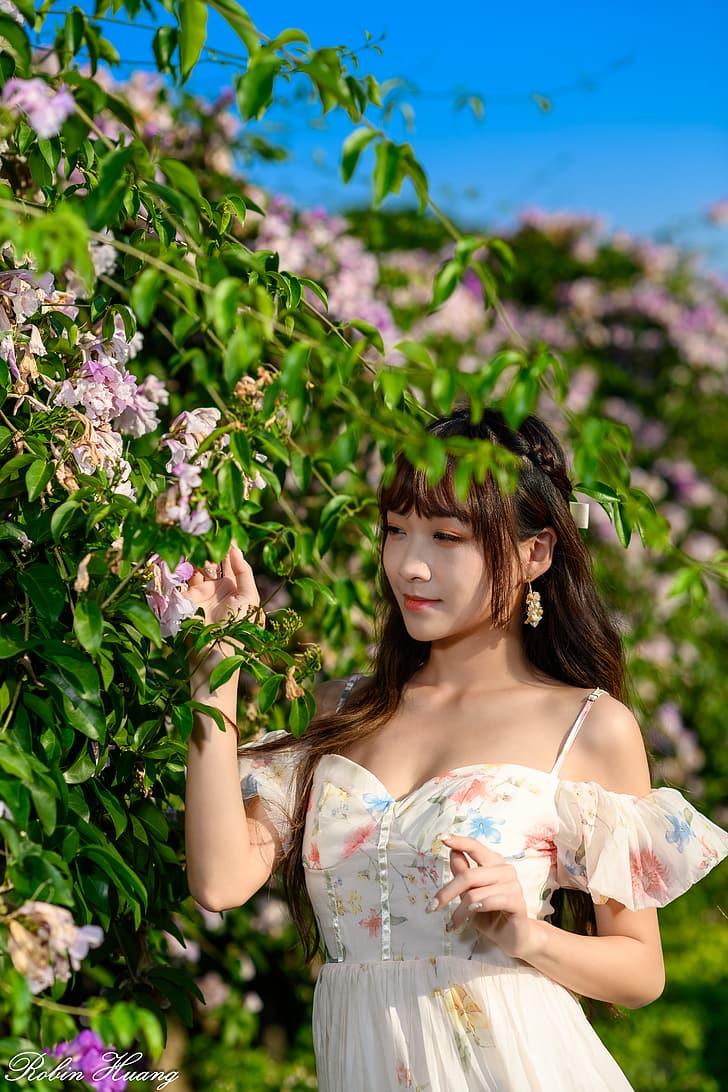 Робин Хуанг, женщины, азиатка, платье, цветы, чистое небо, HD обои, телефон обои