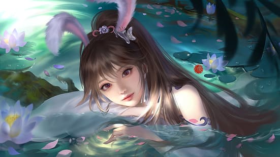 애니메이션 소녀들, 동물 귀, 토끼 귀, Xiao Wu, HD 배경 화면 HD wallpaper