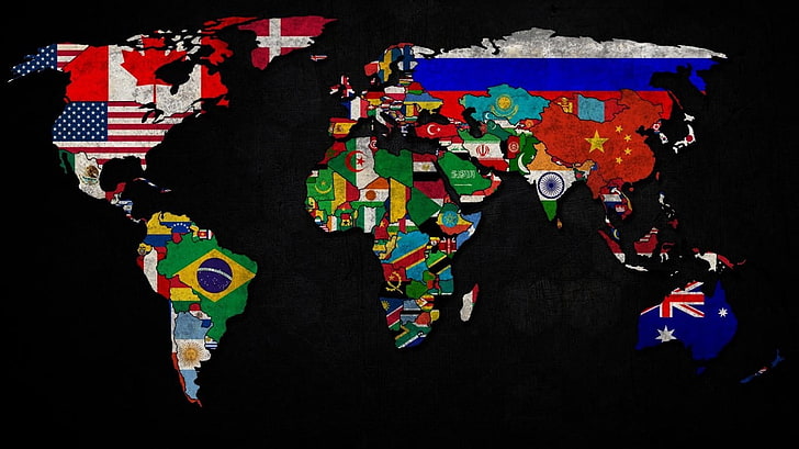 peta dunia dengan karya seni bendera, negara, bendera, peta, peta dunia, karya seni, Wallpaper HD