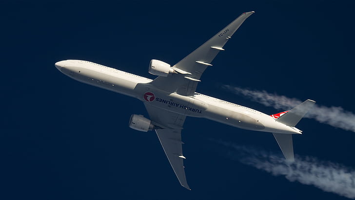 The plane, Boeing 777, In flight, Contrail, Turkish airlines, HD wallpaper